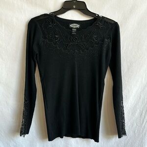 Oliver black ribbed knit top with sparkle and lace embellishments, size S